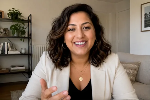A wedding advisor mid video call, talking to the camera
